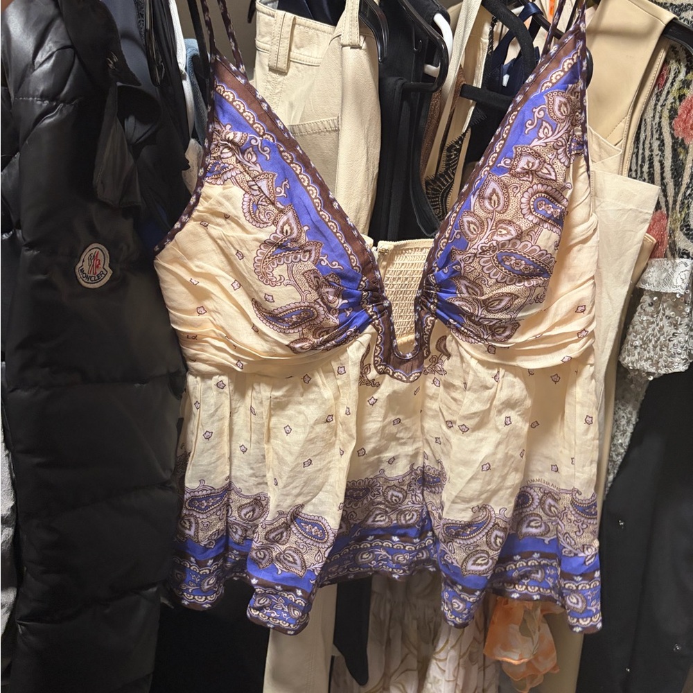 $200 v n mo Zimmermann Cream Paisley  Cami Top with Purple Trim